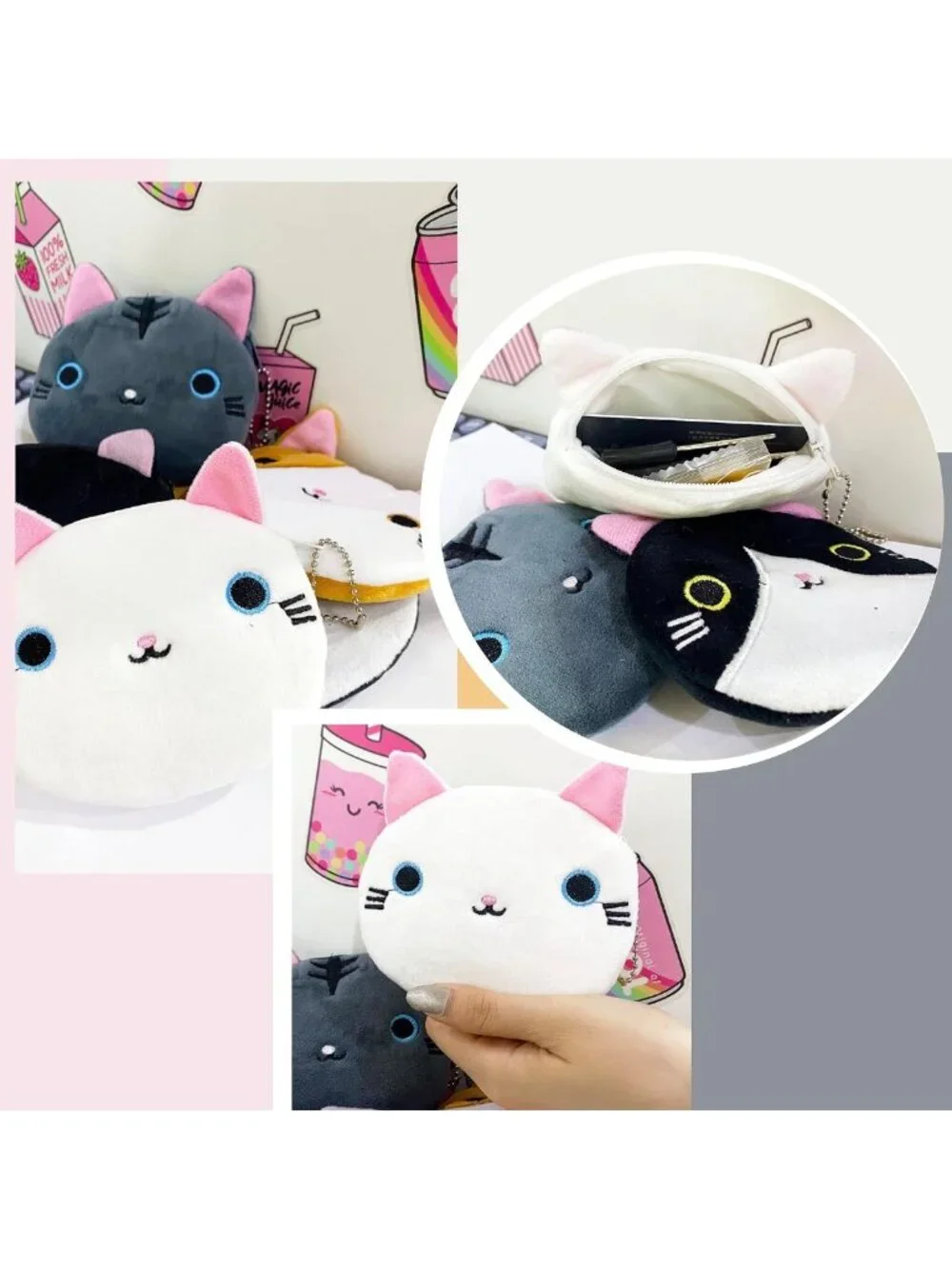 Cute Cartoon Cat Face Coin Purse Set - 12PCS Zipper Wallets for Kids & Adults